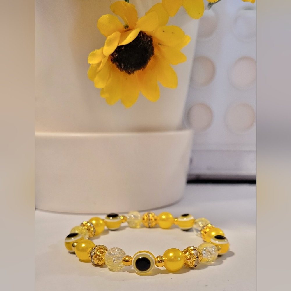 Yellow Evil Eye Beaded Stretch Protection Mal De Ojo Luck Fashion Bracelet